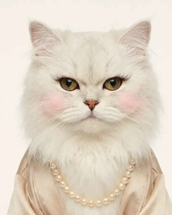 Portrait of Bijou: a white Persian cat with long curled lashes, rosy blush, pearls and a champagne silk robe.