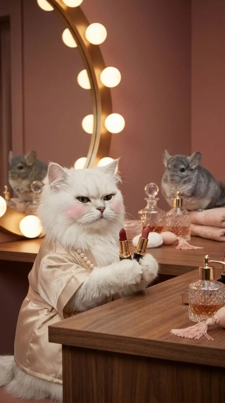 Bijou at her walnut vanity holding a red lipstick, Monsieur Puff sitting on the counter behind her.