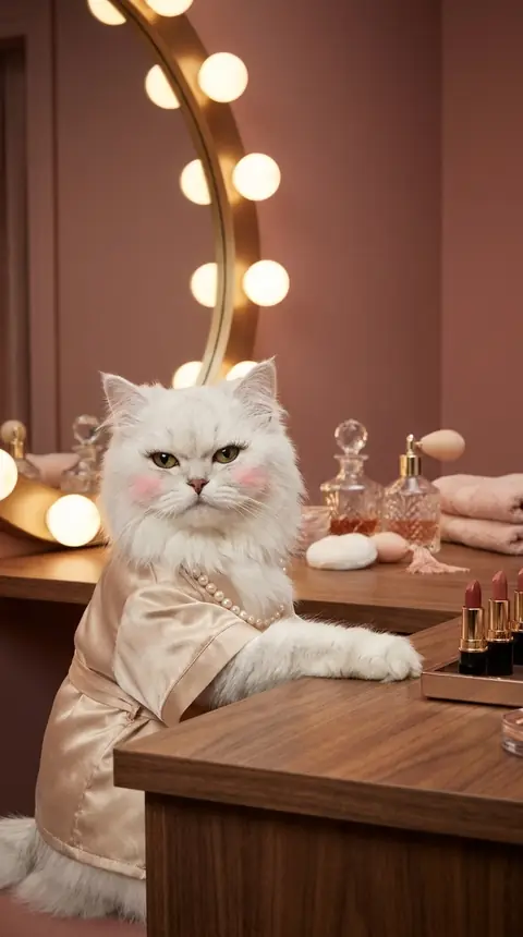 Bijou seated at the vanity, one paw on the walnut counter beside a tray of lipsticks.