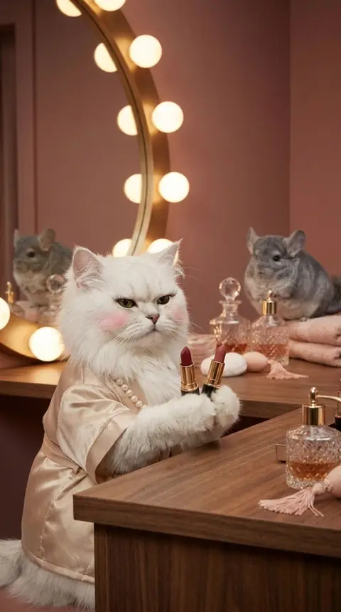 Bijou holding up a lipstick while Monsieur Puff waits on the counter.