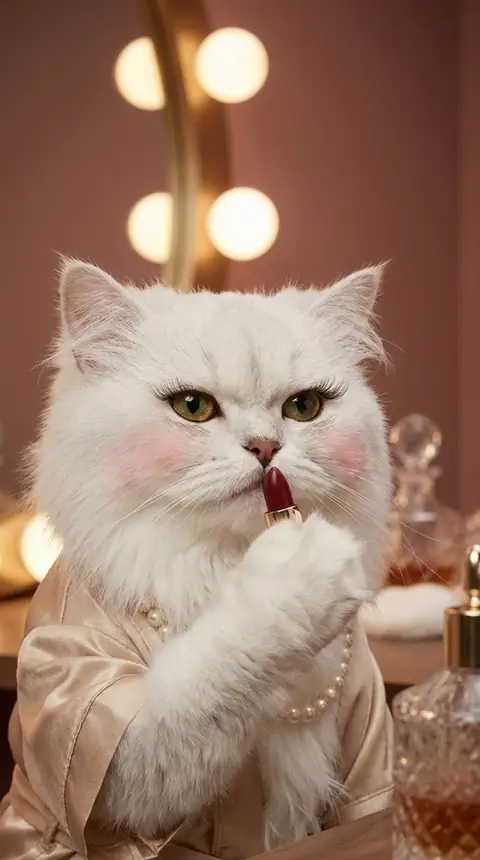 Close view of Bijou drawing a deep red lipstick across her mouth.