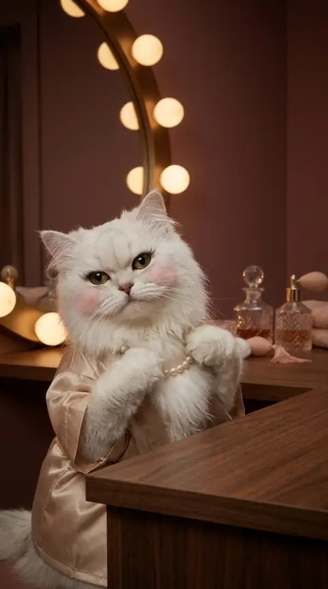 Bijou resting at the counter in her champagne robe and pearls.