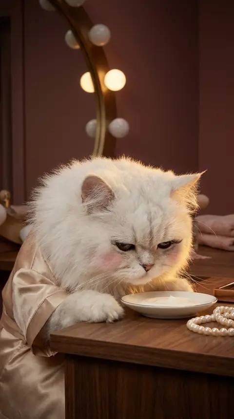 Bijou looking down at the full saucer, warm rim light along her fur.